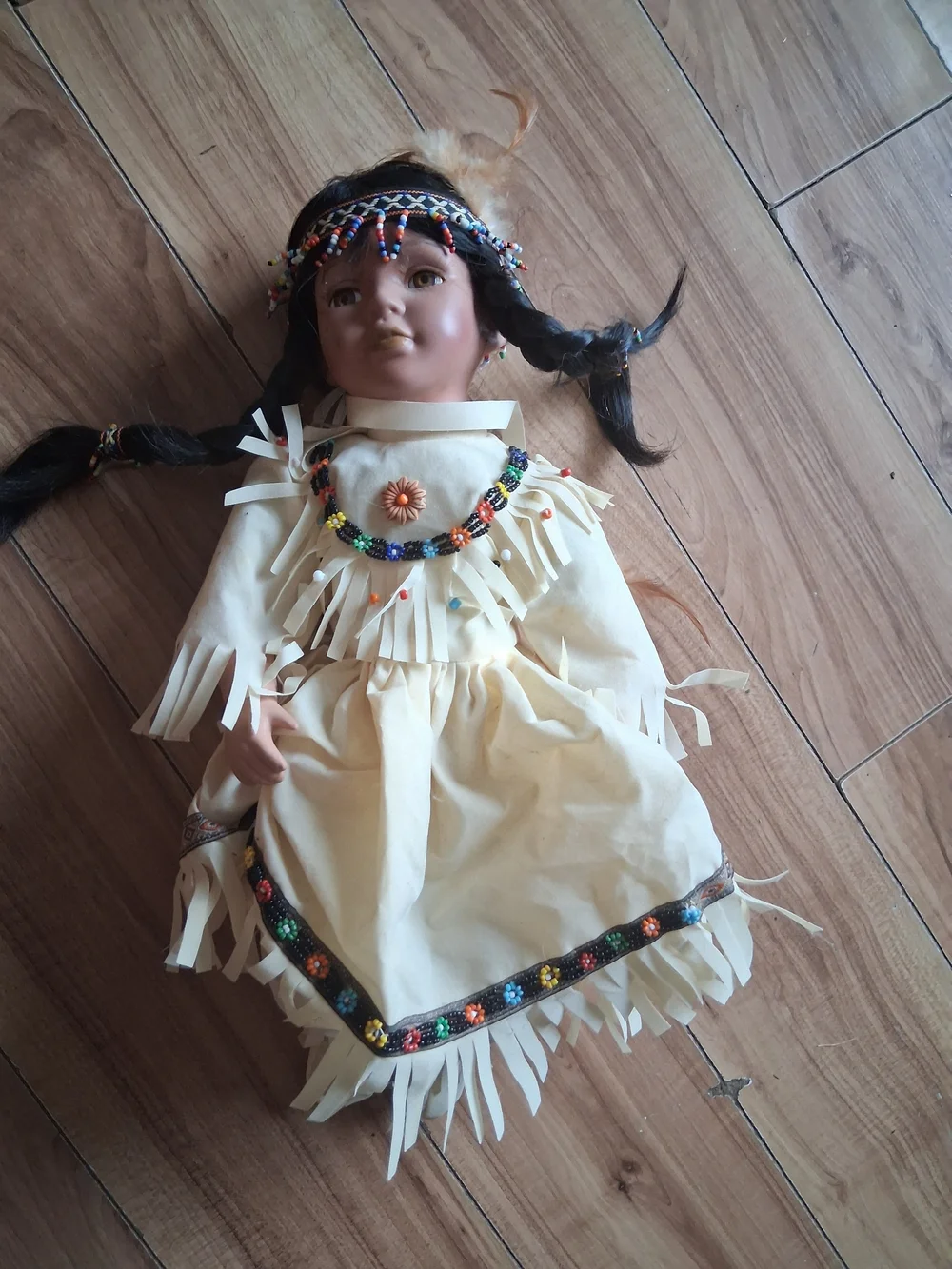 Cream Native-Style Girls' Doll with Beaded Trim and Braided Hair